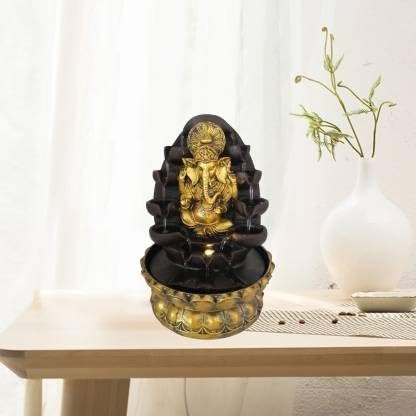 Beautiful Lord Ganesha Water Fountain Show Piece for Diwali Gifts for Living Room Waterfall Decorative Item with Led Light and Mini Motor Pump (332, Multicolor)
