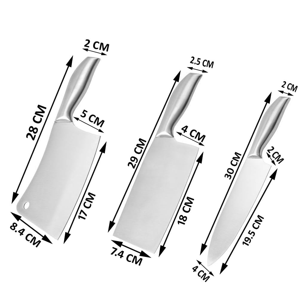 3 Piece Stainless Steel Knife Set Cleaver Butcher Chef Knife Razor Sharp & Durable for Kitchen & Meat Cutting CR3-KN