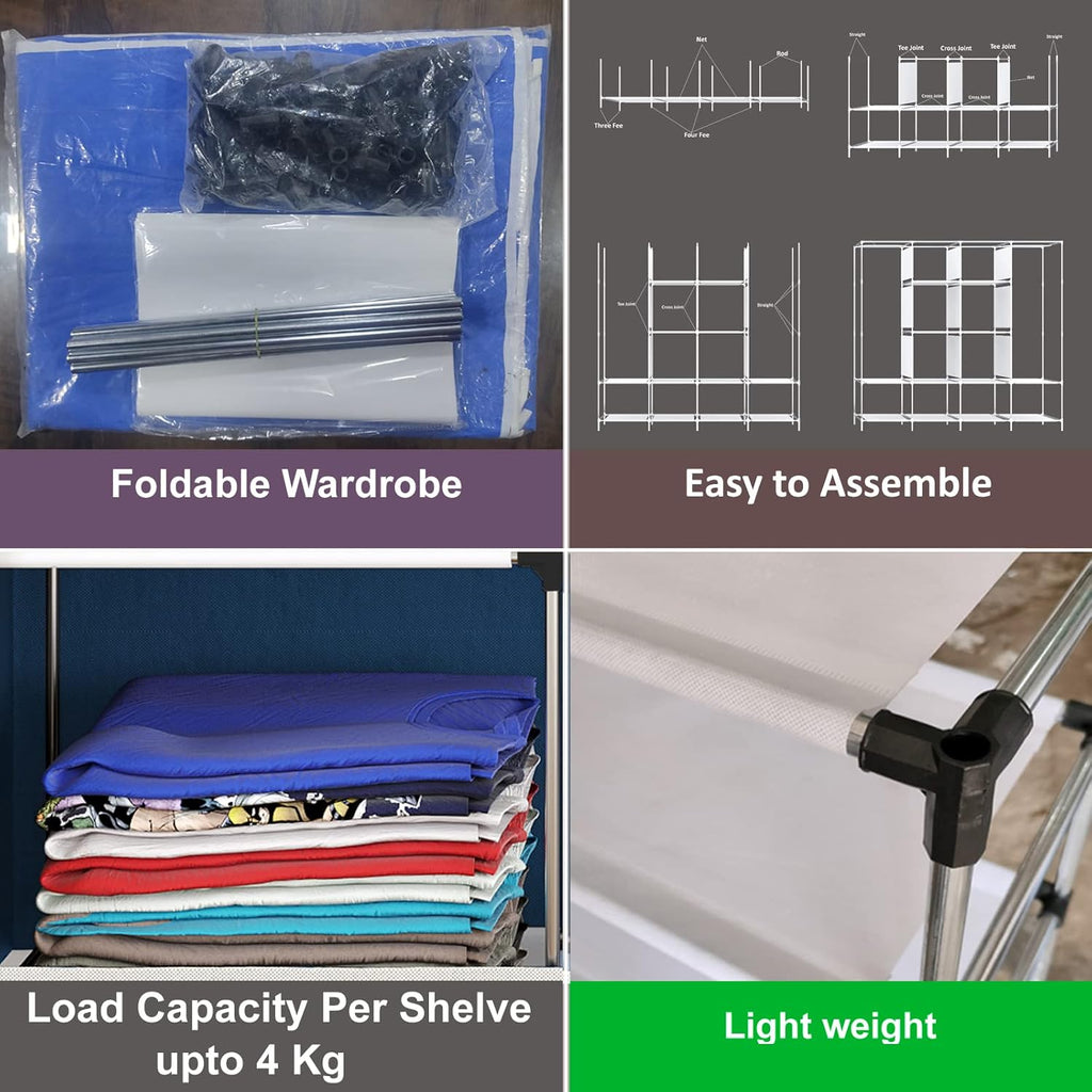 Shelves Fancy Layer Collapsible Wardrobe Portable Almirah Foldable Racks for Clothes Cupboard Cloth Organizer Non Rustable Iron and PP Plastic Cloth Wardrobe