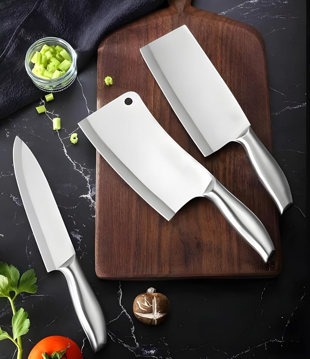 3 Piece Stainless Steel Knife Set Cleaver Butcher Chef Knife Razor Sharp & Durable for Kitchen & Meat Cutting CR3-KN
